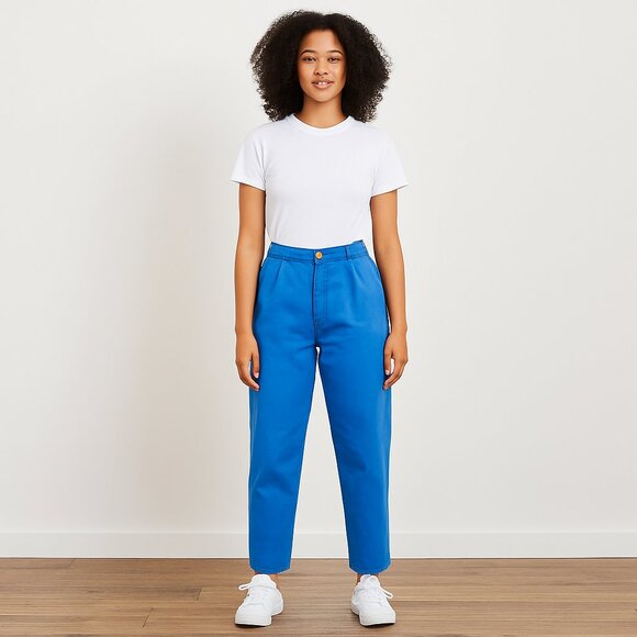 Big Bud Press Petite Trousers Blue Cotton Twill High Waist Relaxed Fit Petite M - Picture 1 of 13